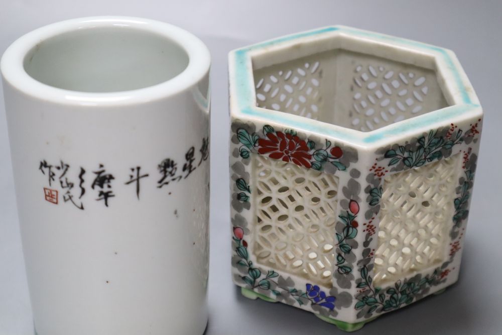 A Chinese enamelled porcelain spill vase, 12cm, and an hexagonal Chinese porcelain vase, 10cm diameter